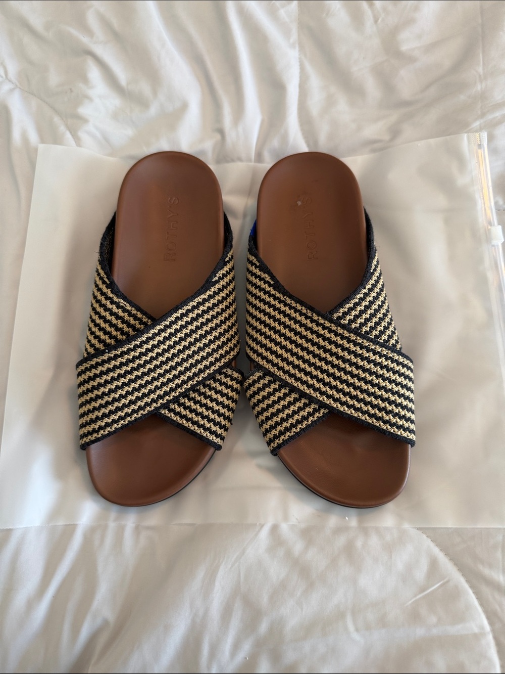 Rothy's Cross-Strap Slide Sandals in Black and Tan